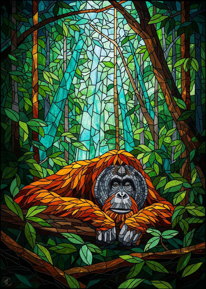 Orangutan in Jungle Stained Glass