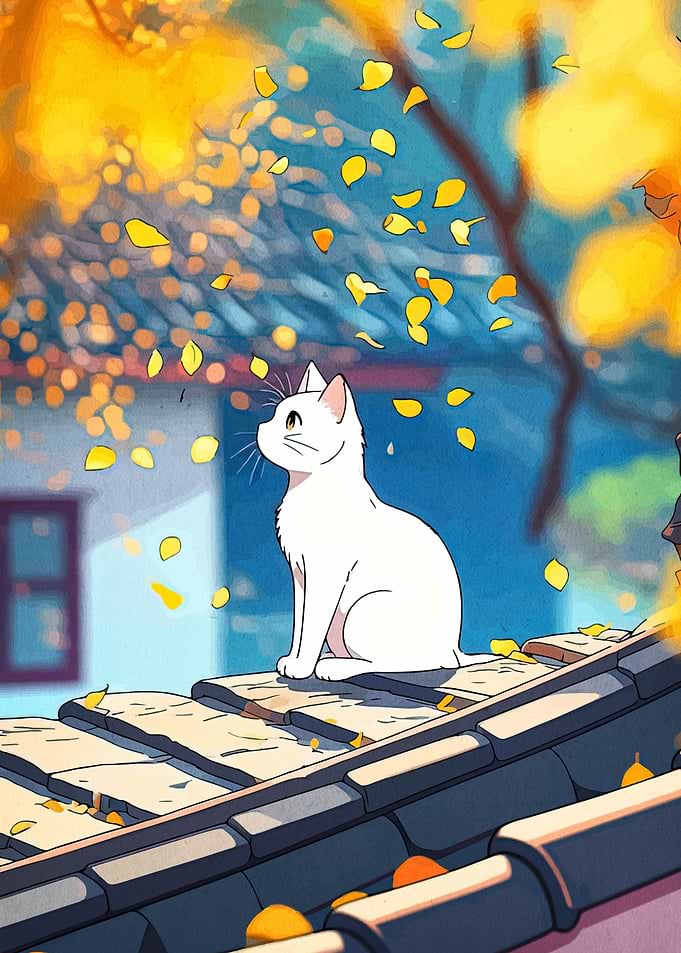 White Cat on Roof with Autumn Leaves