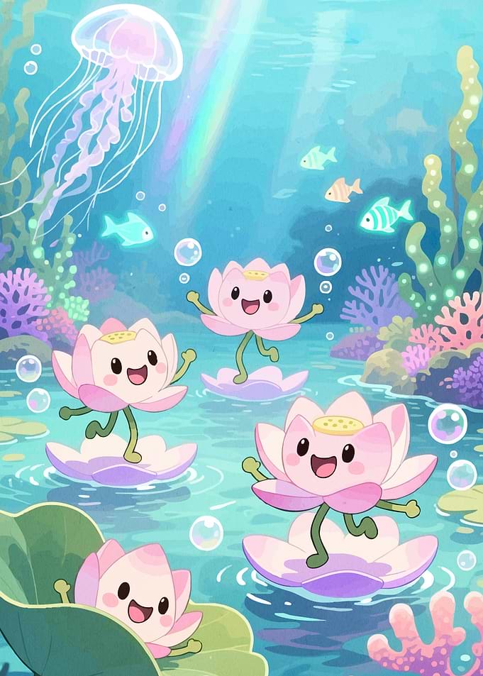 Cute Lotus Flowers Underwater Scene