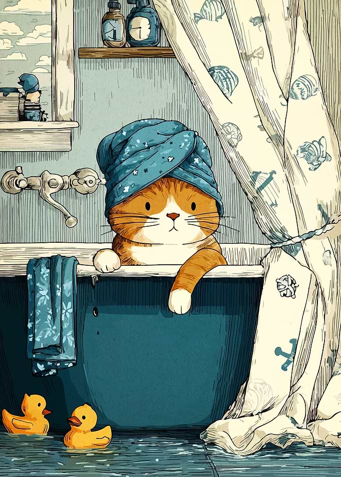 Cat in Bathtub with Towel