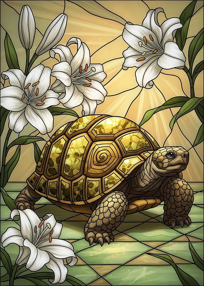 Turtle and Lilies Stained Glass