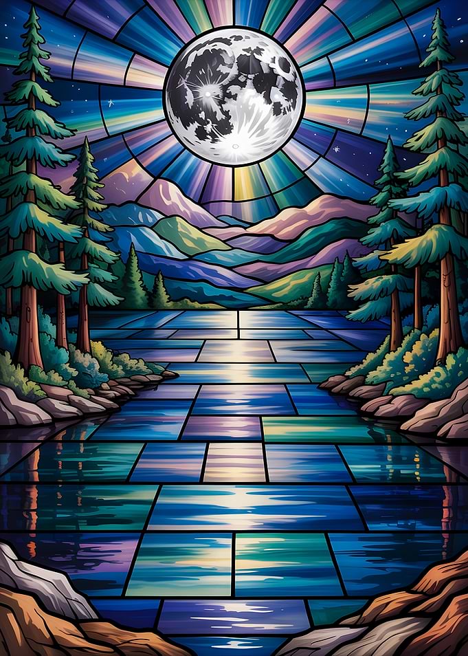 Stained Glass Moonlight Majesty: A Glowing Lake Reflected Under the Mountains