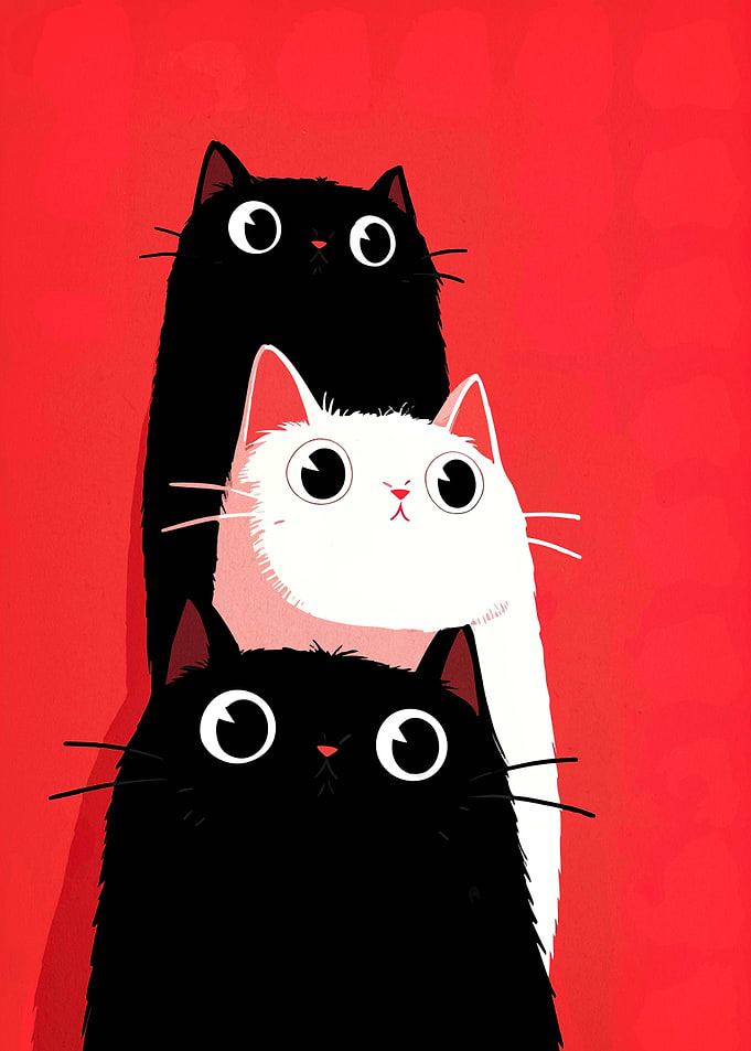 Three Cats Stacked on Red Background