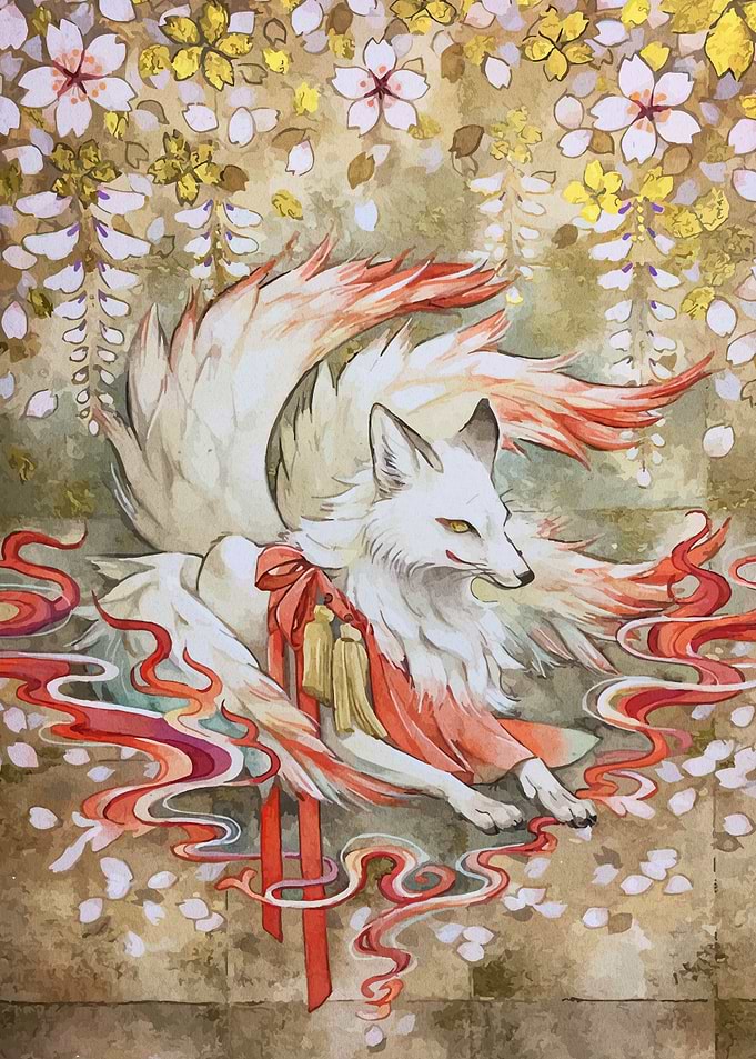 Nine-tailed Fox with Floral Background