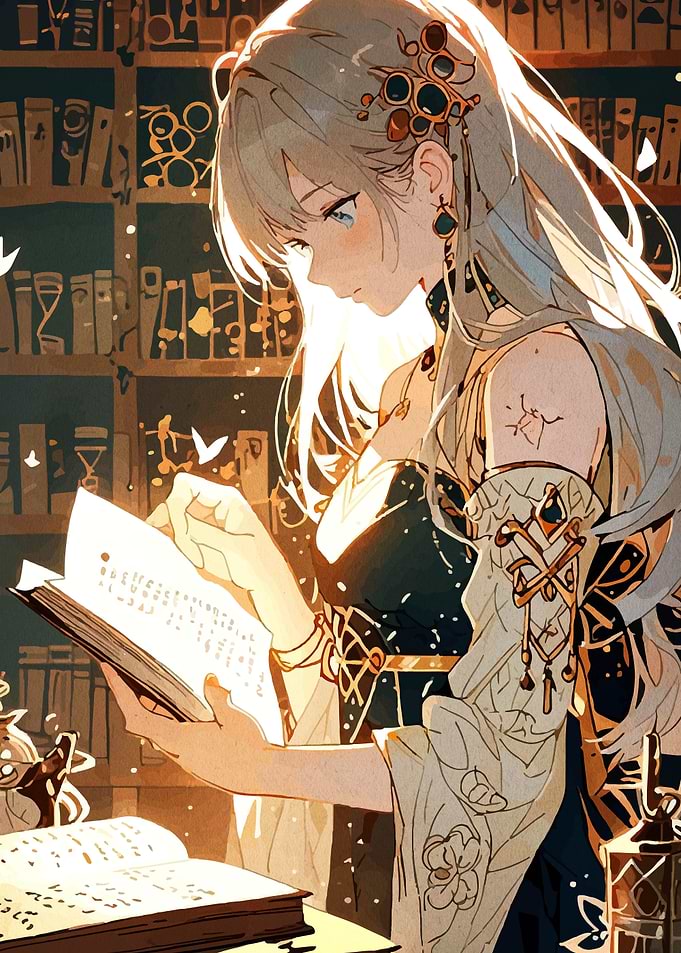 Anime Girl Reading in Library