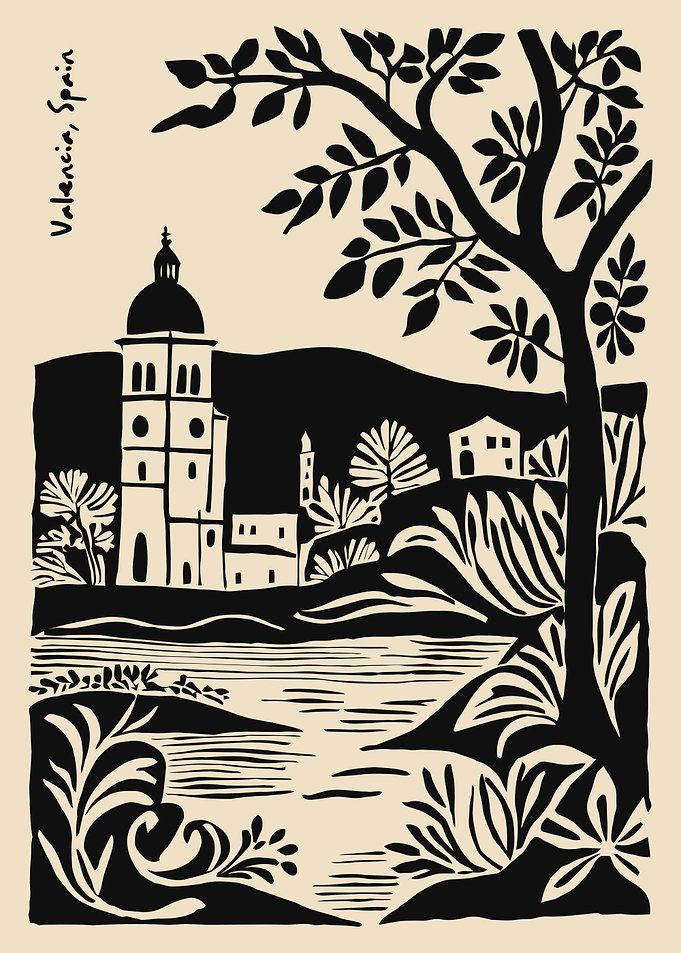Valencia, Spain Black and Beige Illustration