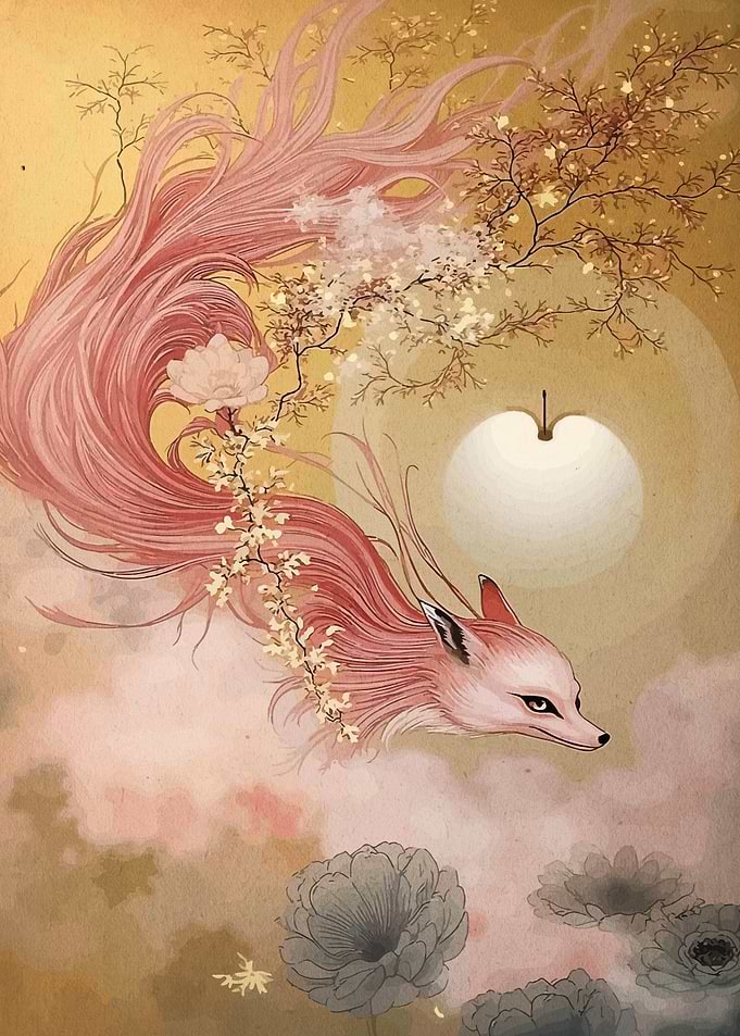 Fox with flowing hair and flowers