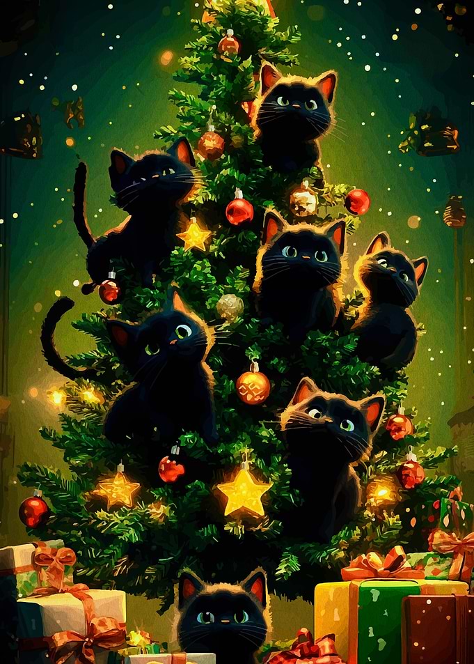 Christmas Tree with Black Cats
