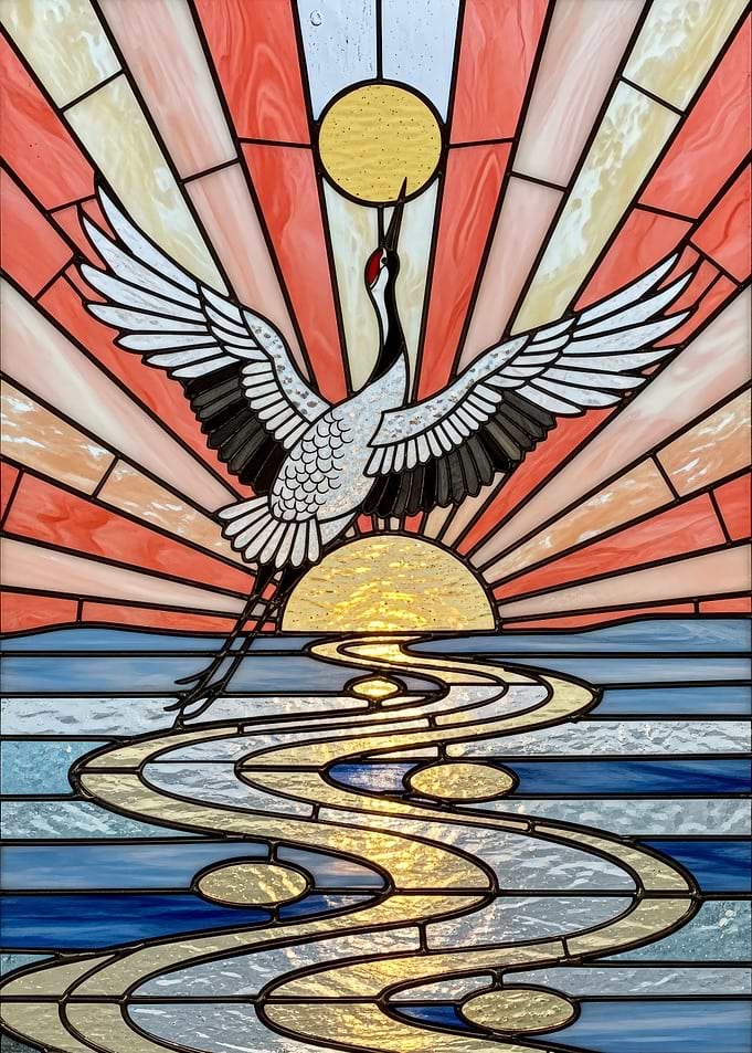 Crane Sunrise Stained Glass