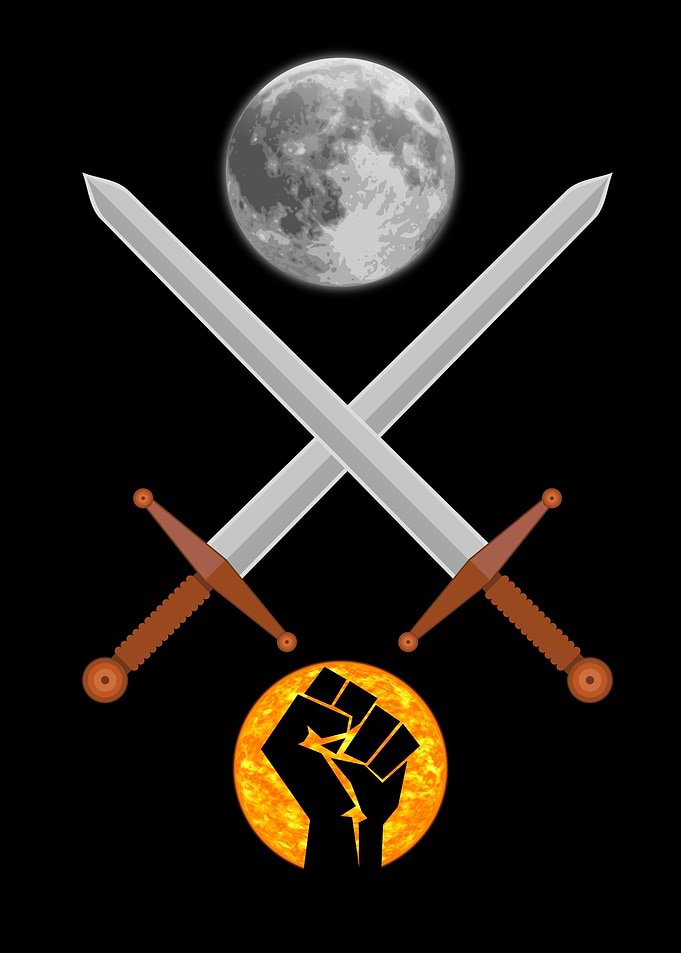 Swords, Moon, and Raised Fist Symbol