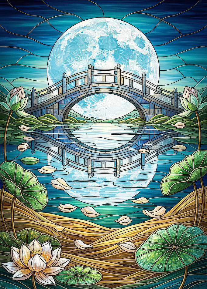Bridge and Moon Stained Glass