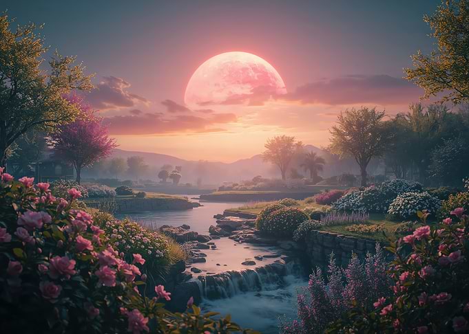 Pink Moon over Floral River Landscape