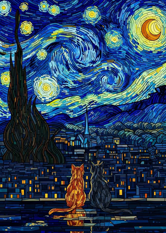 Cats Starry Night Stained Glass Style