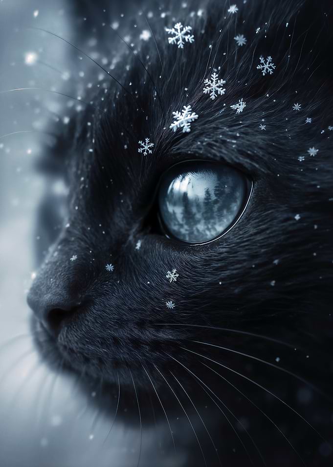 Winter Black Cat with Snowflakes