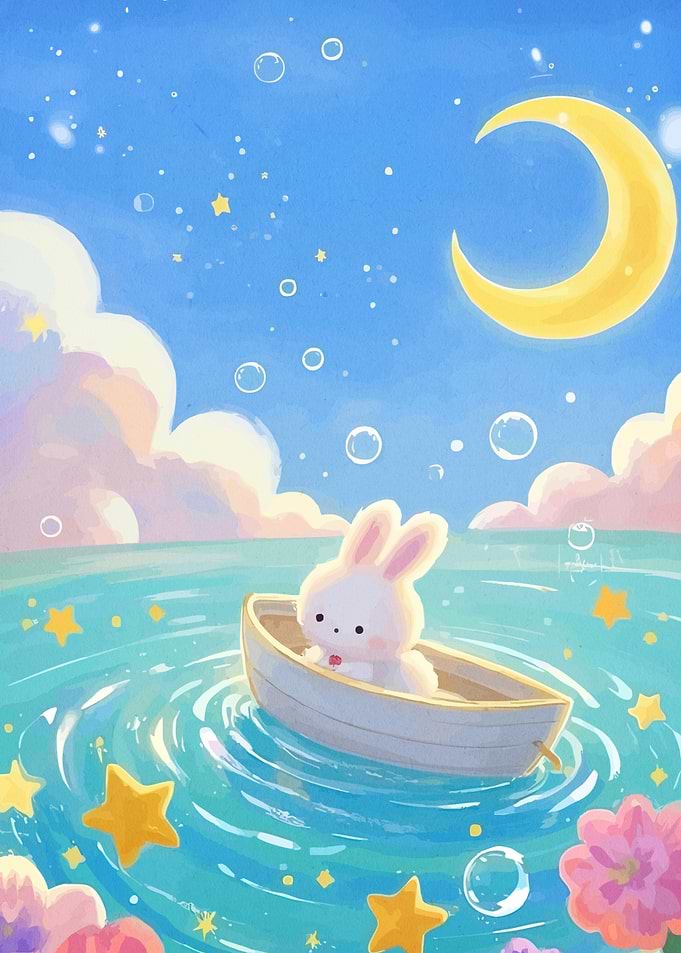 Cute Rabbit Boat Moon