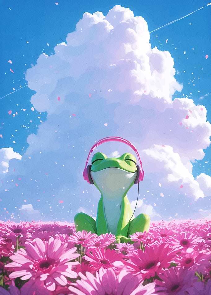 Frog Headphones Flower Field