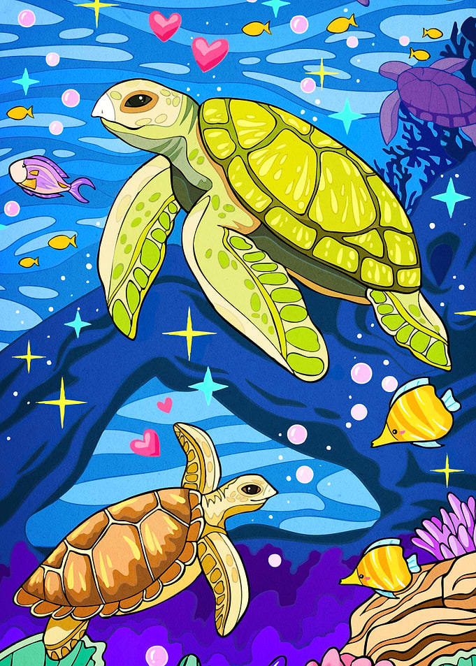 Sea Turtles Colorful Ocean Scene