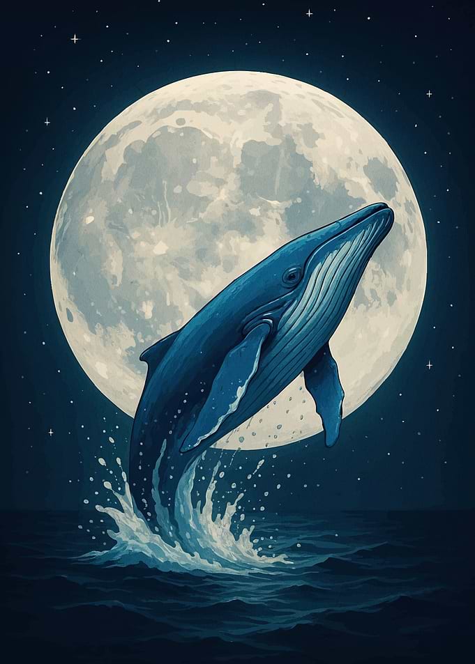 Whale leaping front moon