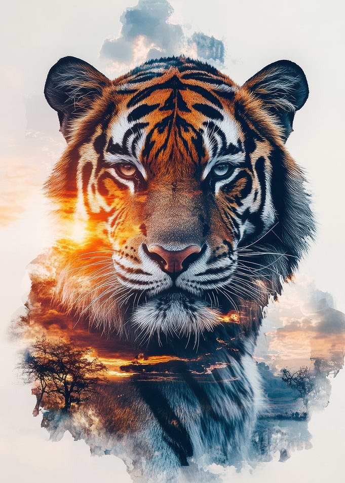 Tiger Portrait with Sunset Landscape