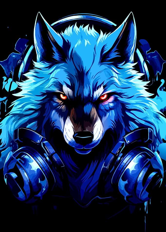 Blue Wolf with Headphones