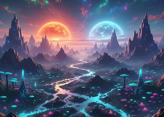 Fantasy Landscape with Two Moons