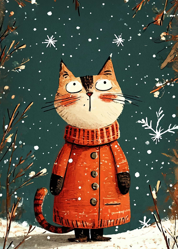 Winter Cat in Coat Illustration