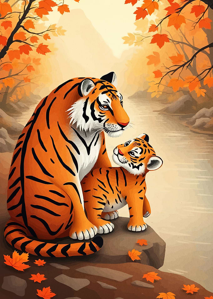 Tiger and Cub Autumn Landscape