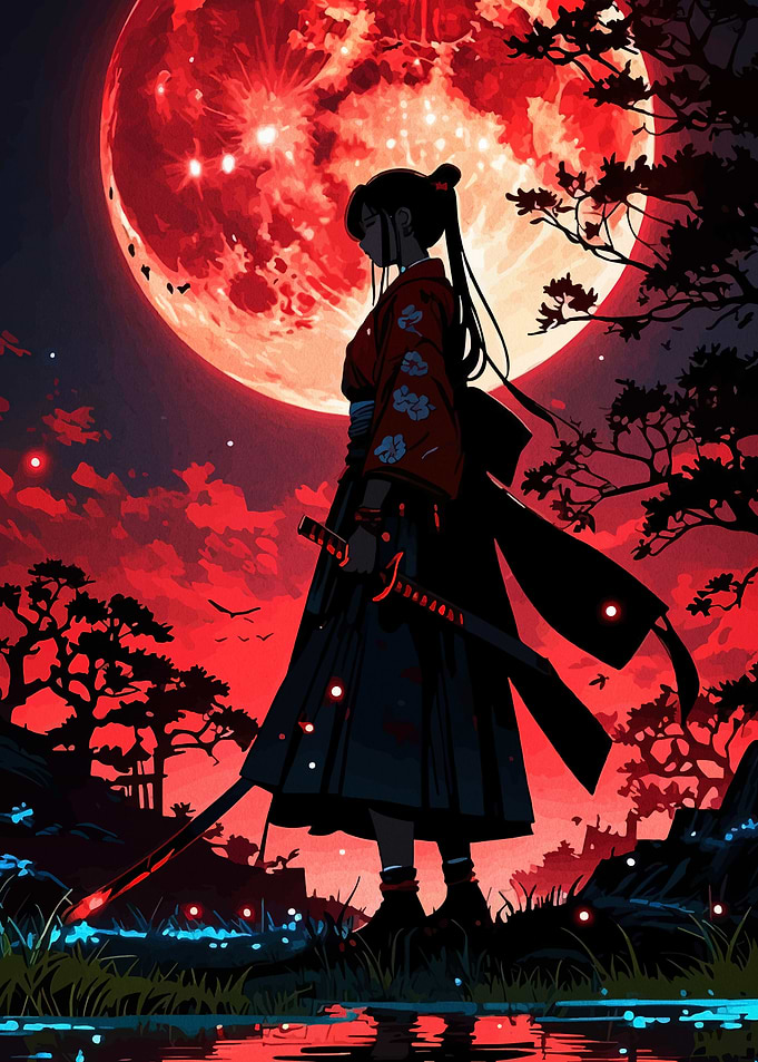Samurai Girl Under Red Moon
