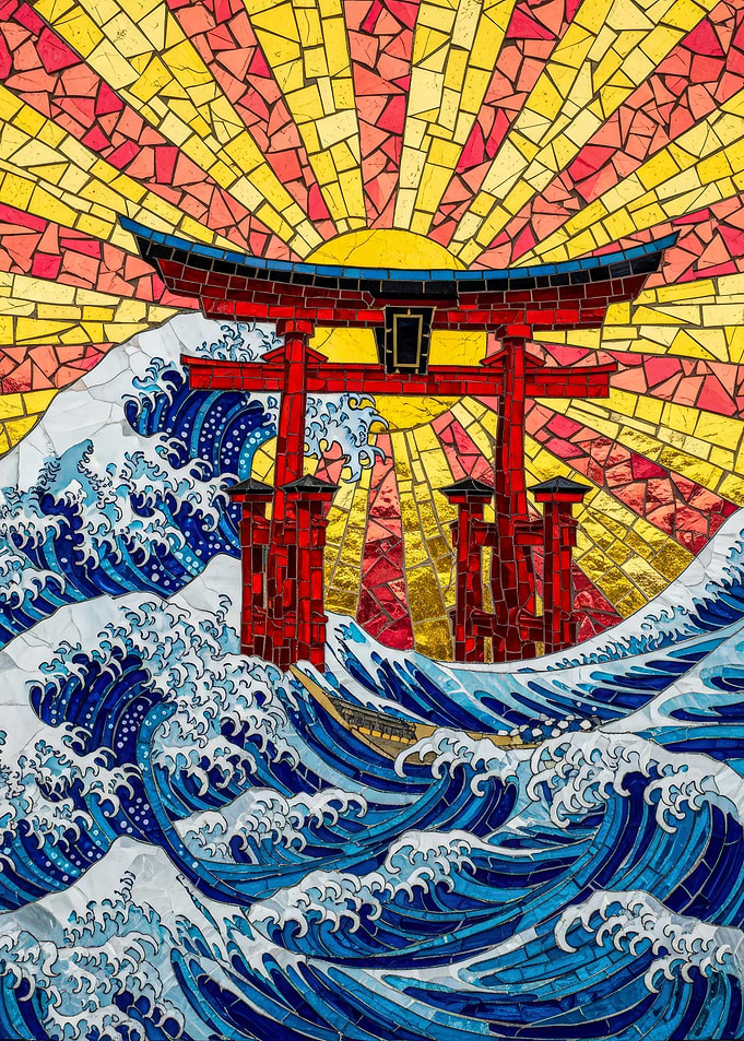 Mosaic Torii Gate and Ocean Waves