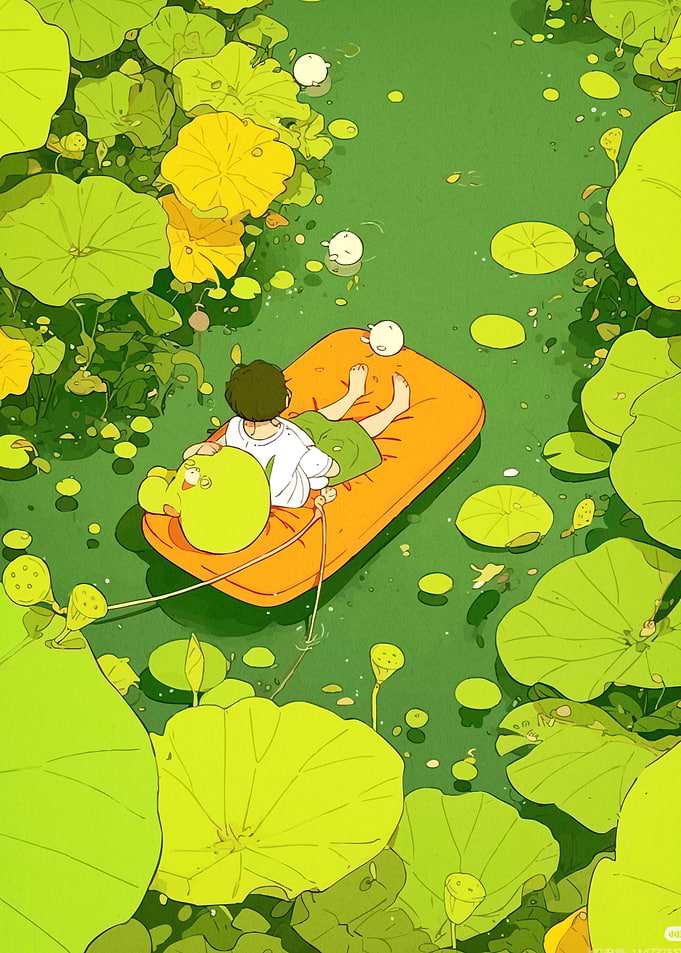 Boy raft lotus pond