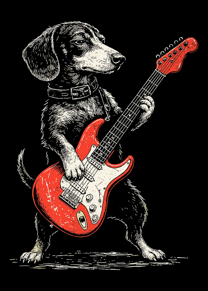 Dachshund Dog Guitar poster, Funny Rock and Roll Weenie Dog