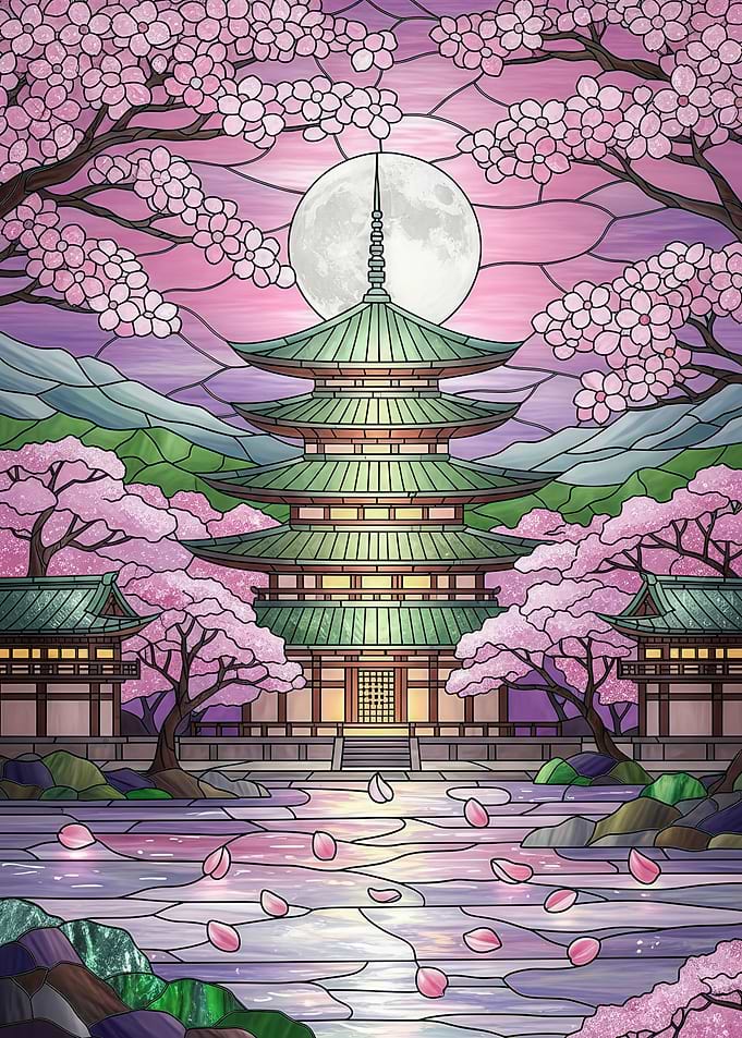 Japanese Cherry Pagoda Stained Glass