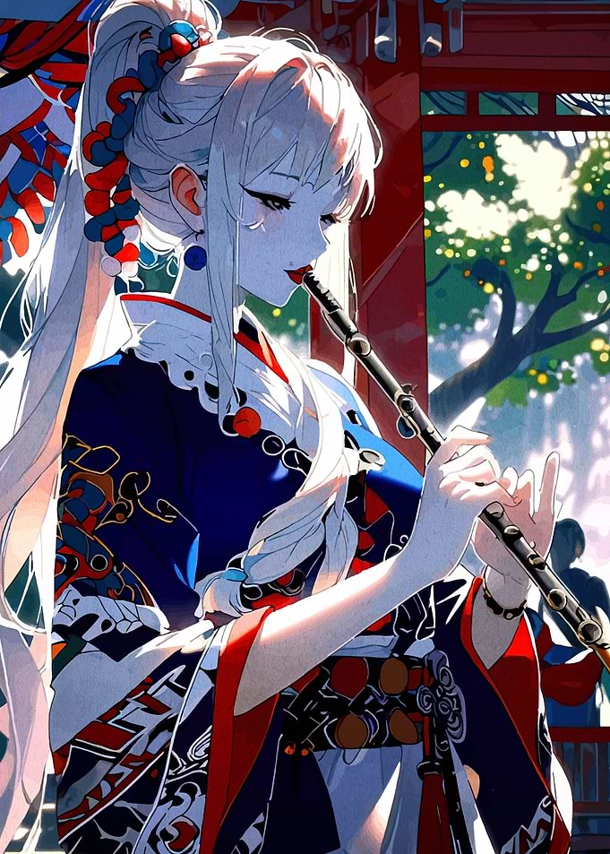 Anime Girl Playing Flute in Garden