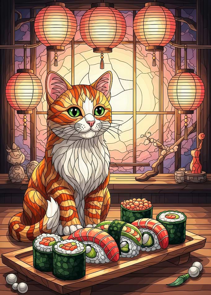 Cat with Sushi and Lanterns