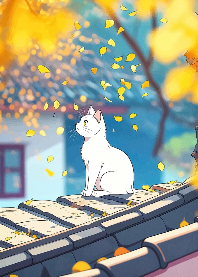 Cat Roof Autumn Leaves