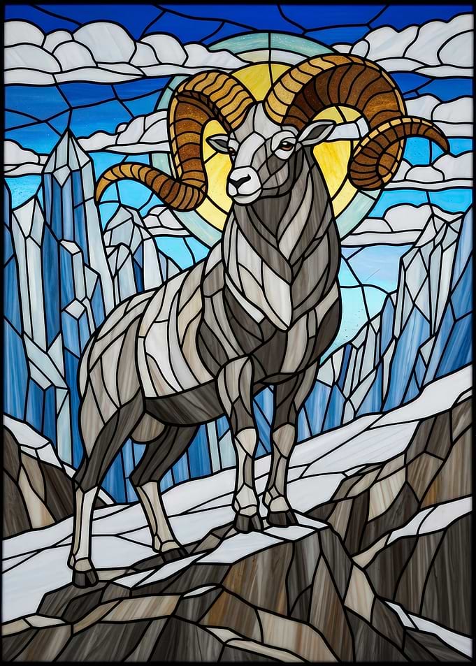 Ram in Mountain Stained Glass