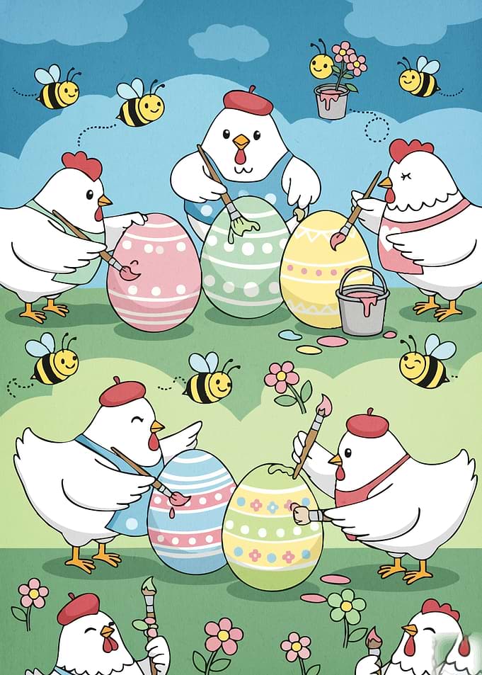 Chickens Painting Easter Eggs