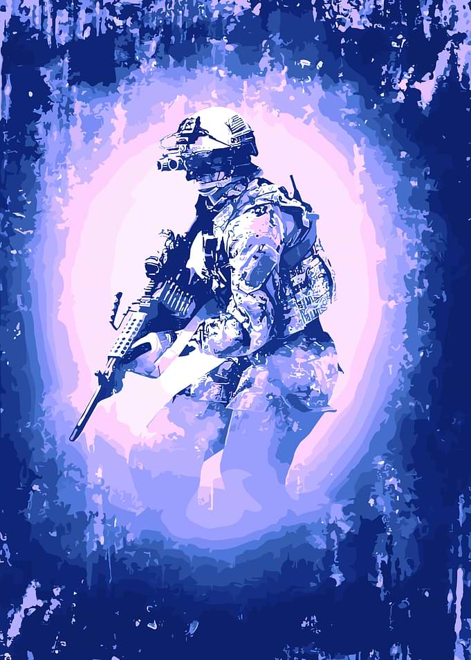 Soldier with rifle in blue tones