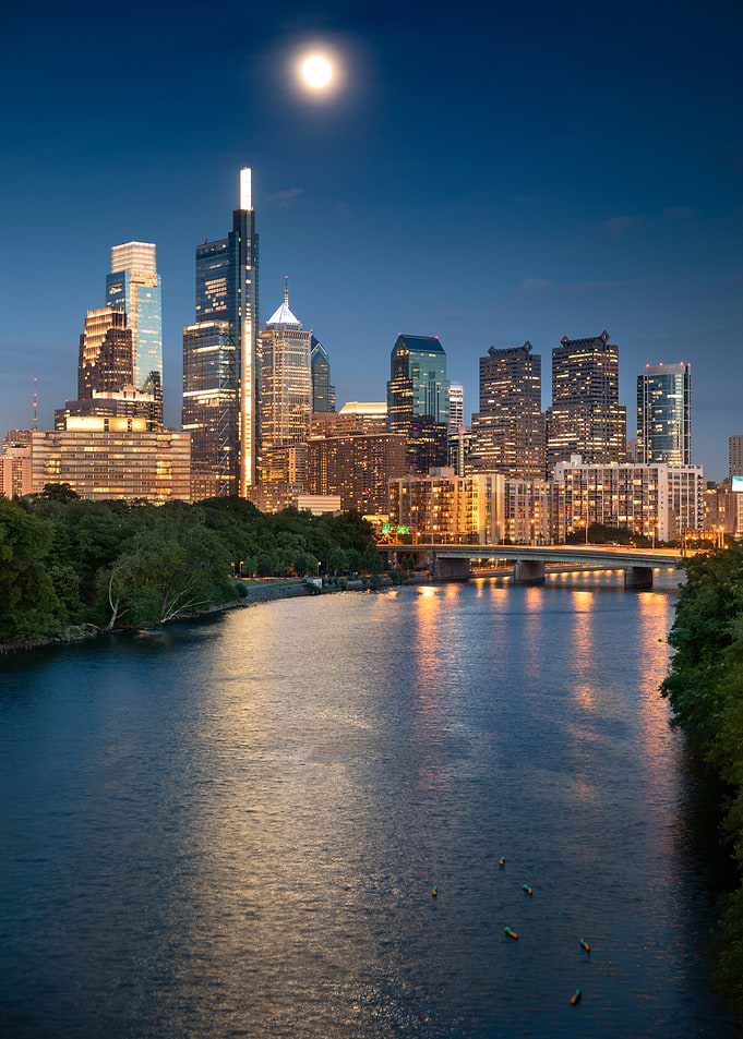 Philadelphia Skyline at Night with Moon