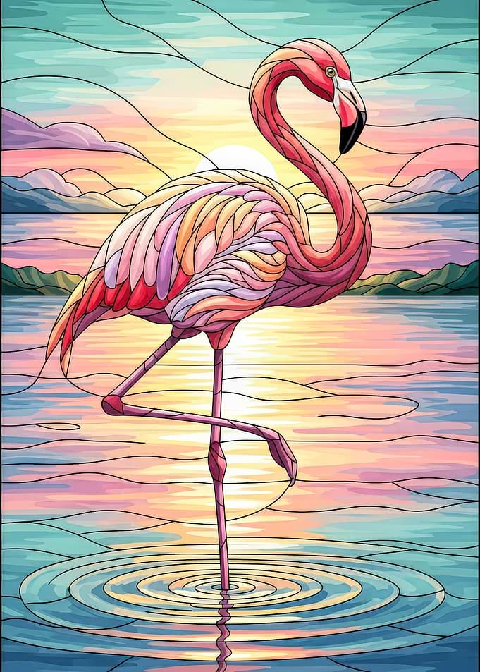 Stained Glass Flamingo at Sunset