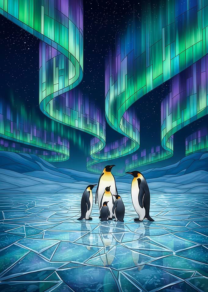 Penguins under the Aurora Borealis