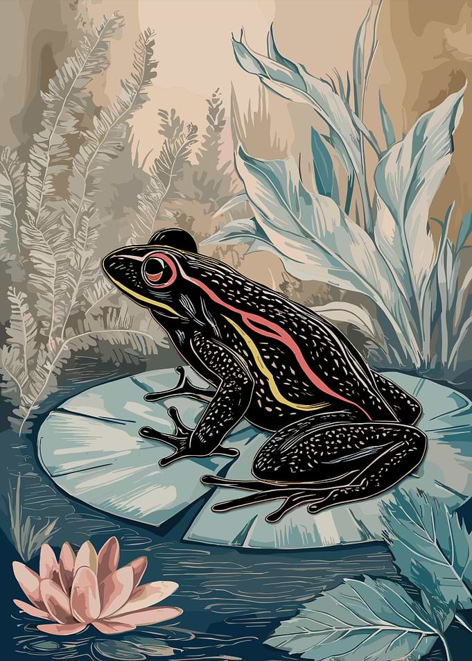 Stylized Black Frog on Lily Pad