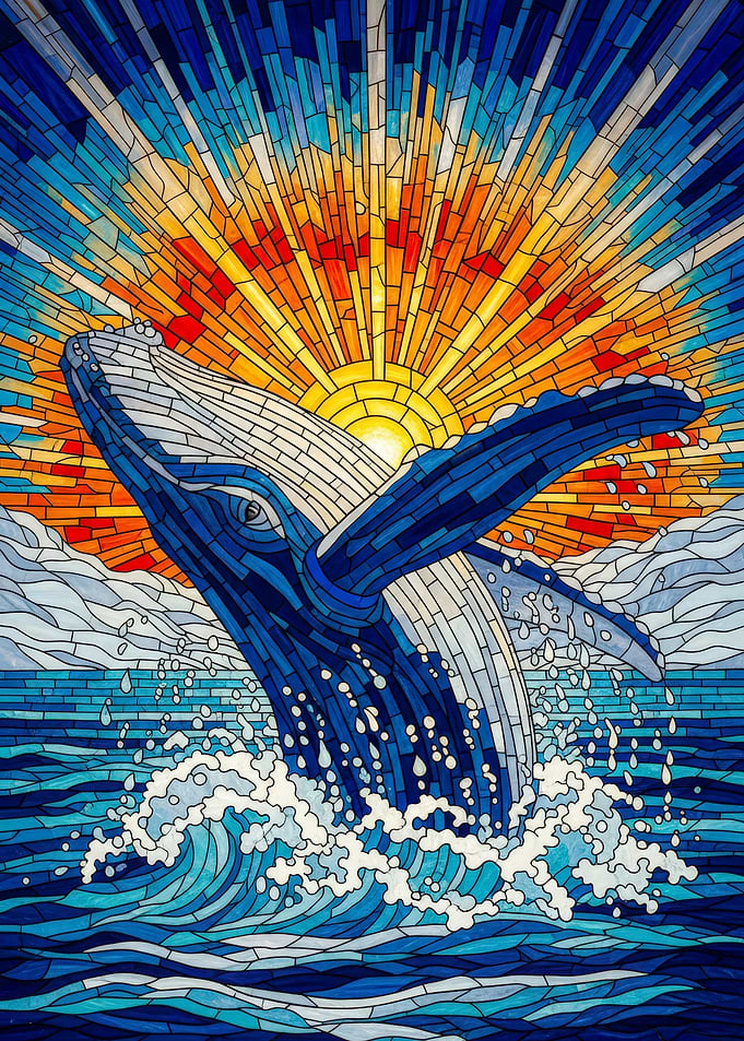 Stained Glass Whale Breaching