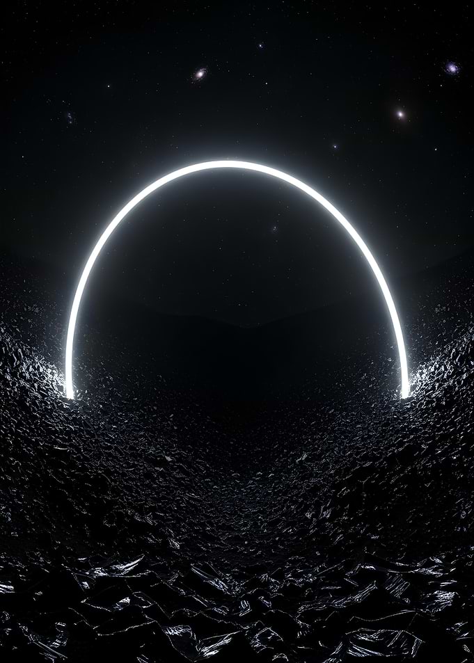 Neon Archway in Dark Landscape