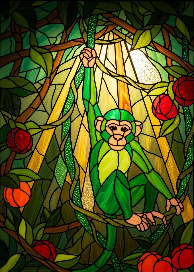Stained Glass Monkey in Jungle