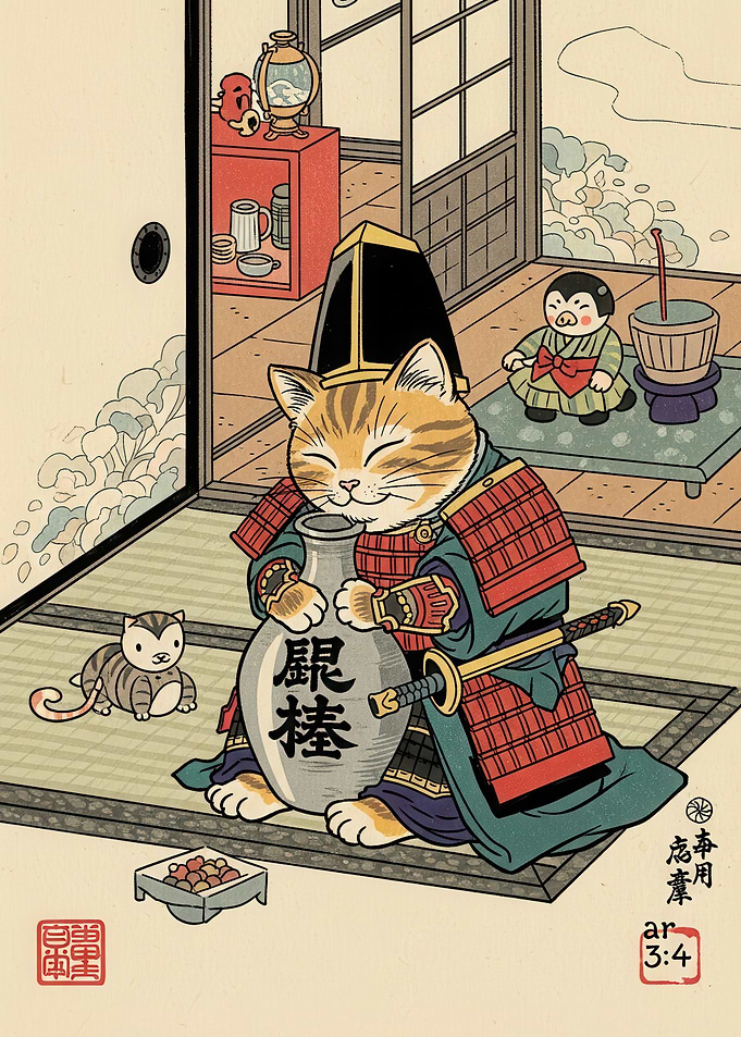 Cat Samurai with Sake Jar