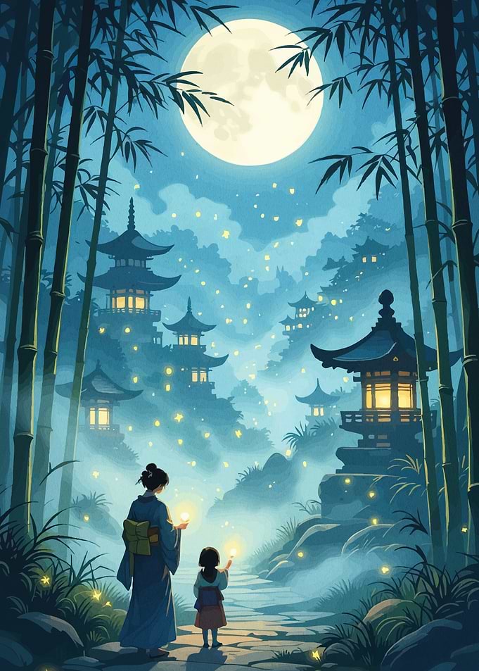 Japanese Night Scene Mother Child