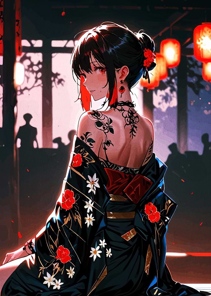 Anime Girl in Kimono with Tattoos