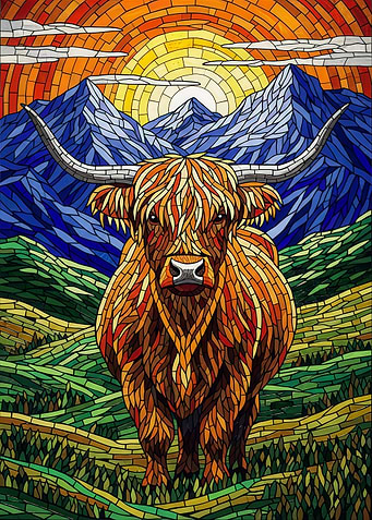 Highland Cow Mosaic Landscape