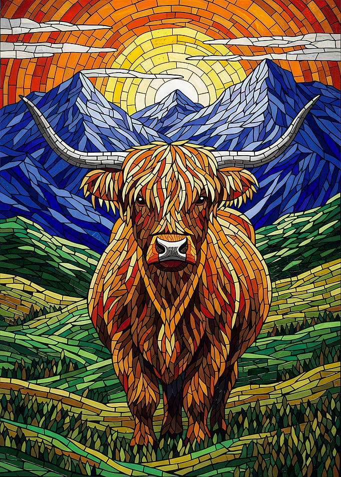 Highland Cow Mosaic Landscape